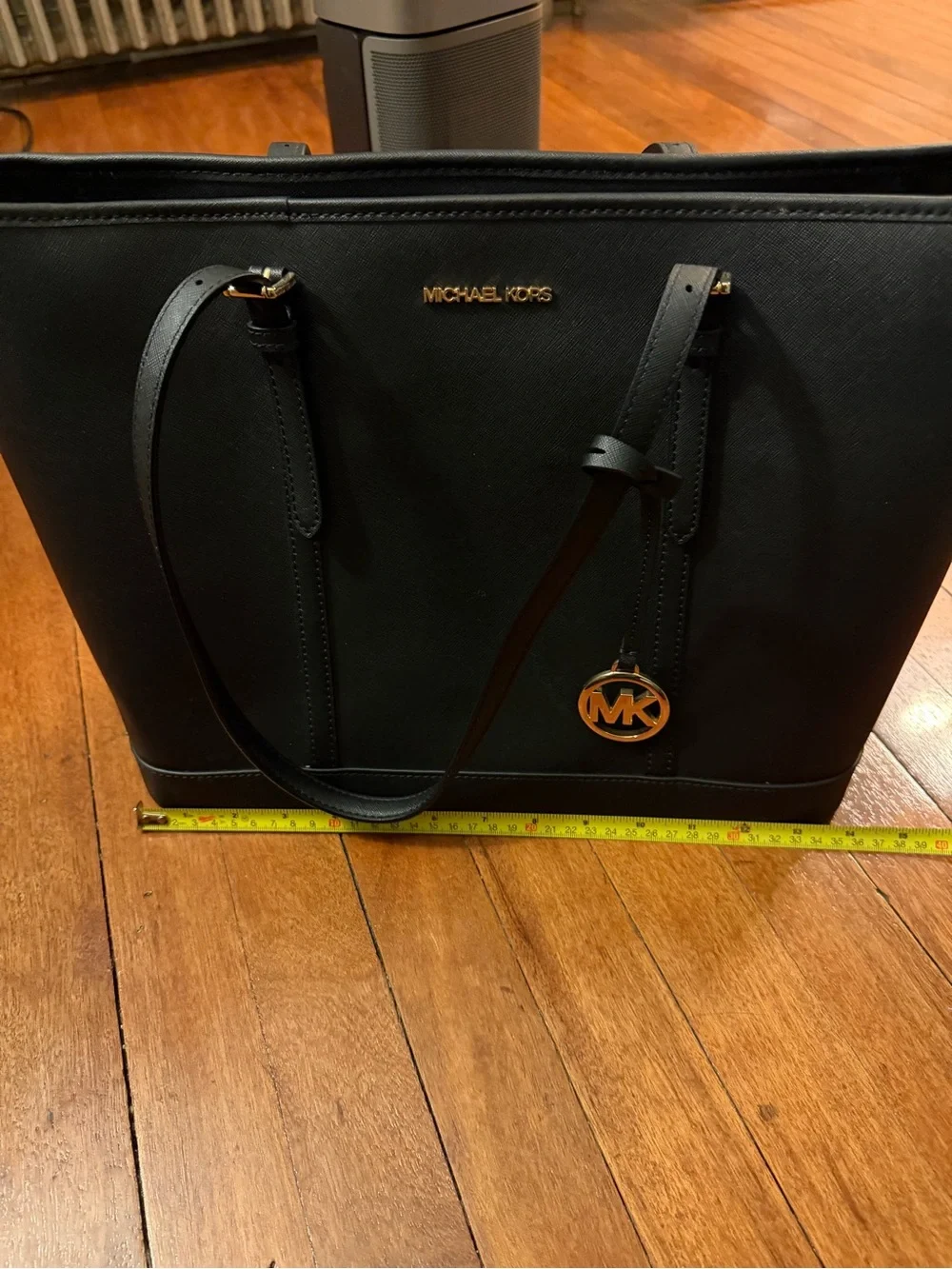 Michael Kors Black Saffiano Leather Tote with Gold MK Charm